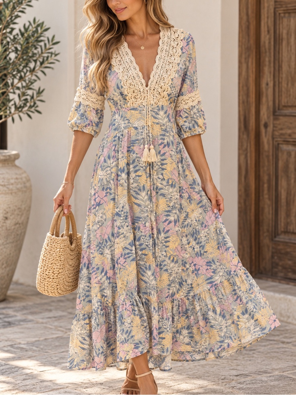 🇮🇹 Made in Italy Boho Lace-Trim Floral Maxi Dress in Cream and Pastel